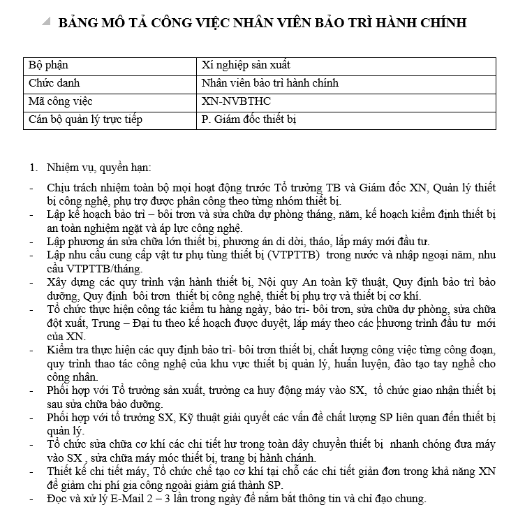 Bảng mô tả công việc của nhân viên bảo trì hành chính