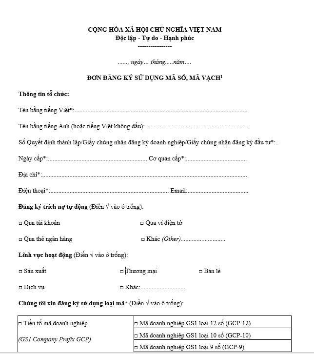 Đơn đăng ký sử dụng mã số mã vạch mẫu số 12 Nghị định 13