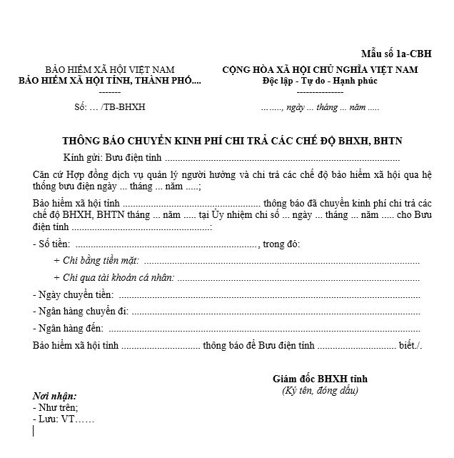 Mẫu 1a-CBH: Thông báo chuyển kinh phí chi trả các chế độ BHXH, BHTN
