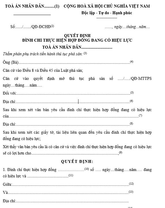 Mẫu quyết định đình chỉ thực hiện hợp đồng đang có hiệu lực
