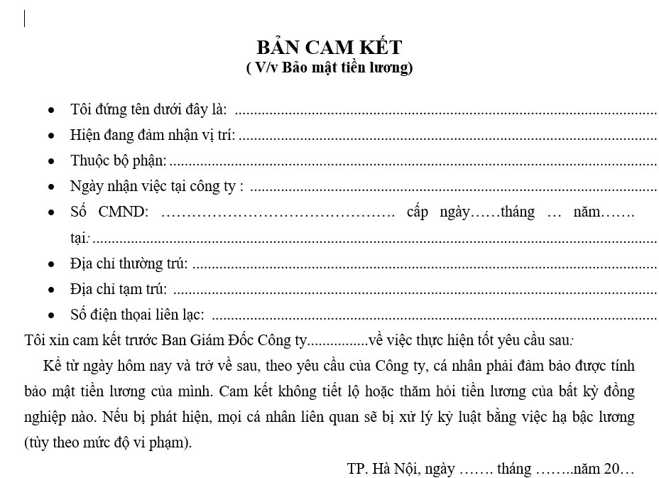 Hệ thống quản trị nhân sự - Bản cam kết bảo mật tiền lương