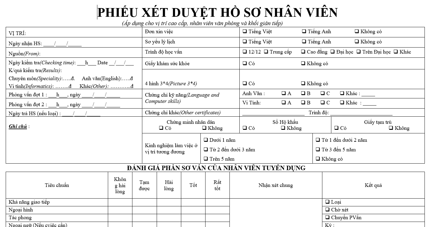 Hệ thống quản trị nhân sự - Phiếu xét duyệt hồ sơ