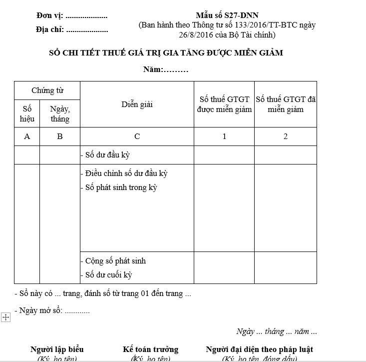 Mẫu số S27-DNN: Sổ chi tiết thuế giá trị gia tăng được miễn giảm