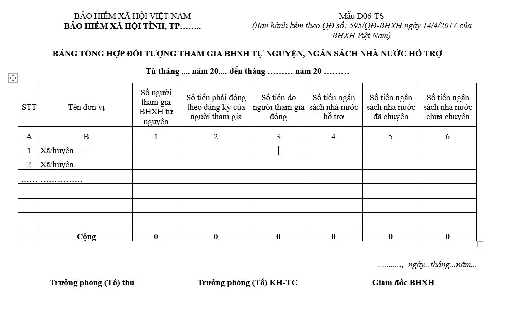 Mẫu D06-TS: Bảng tổng hợp đối tượng tham gia BHXH tự nguyện, ngân sách nhà nước hỗ trợ
