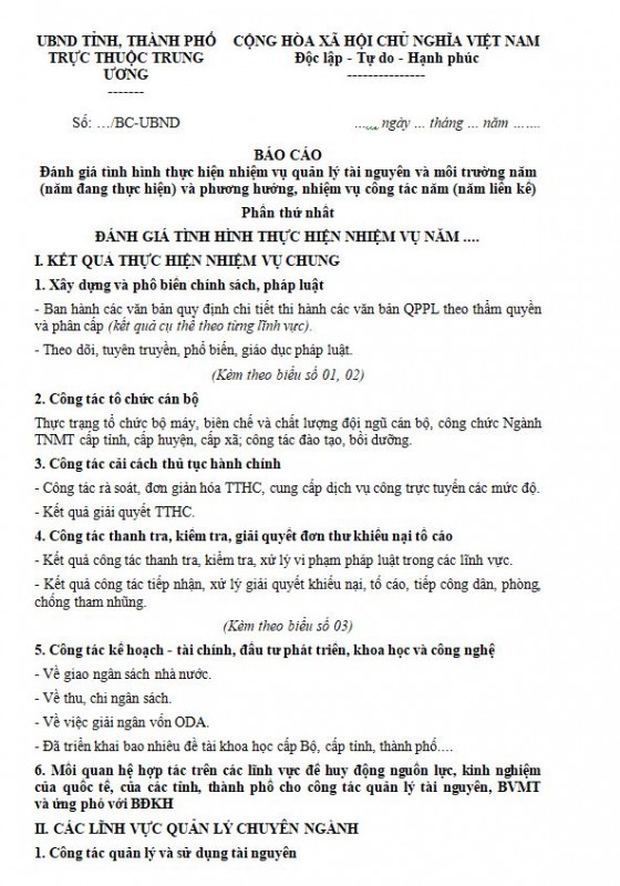 Mẫu báo cáo đánh giá tình hình thực hiện nhiệm vụ quản lý tài nguyên và môi trường năm của tỉnh