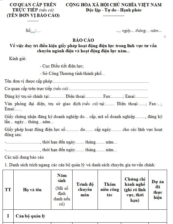 Mẫu báo cáo duy trì điều kiện giấy phép hoạt động điện lực lĩnh vực tư vấn chuyên ngành