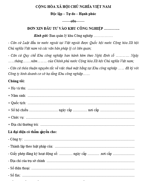 Mẫu đơn xin đầu tư vào khu công nghiệp