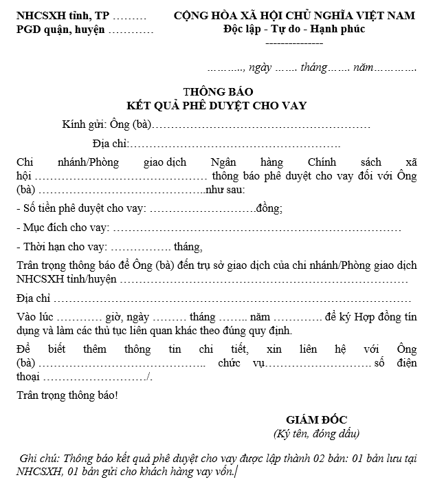 Mẫu thông báo kết quả phê duyệt cho vay