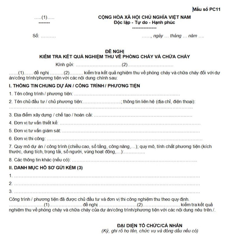 Mẫu số PC11: Văn bản đề nghị kiểm tra kết quả nghiệm thu về phòng cháy và chữa cháy
