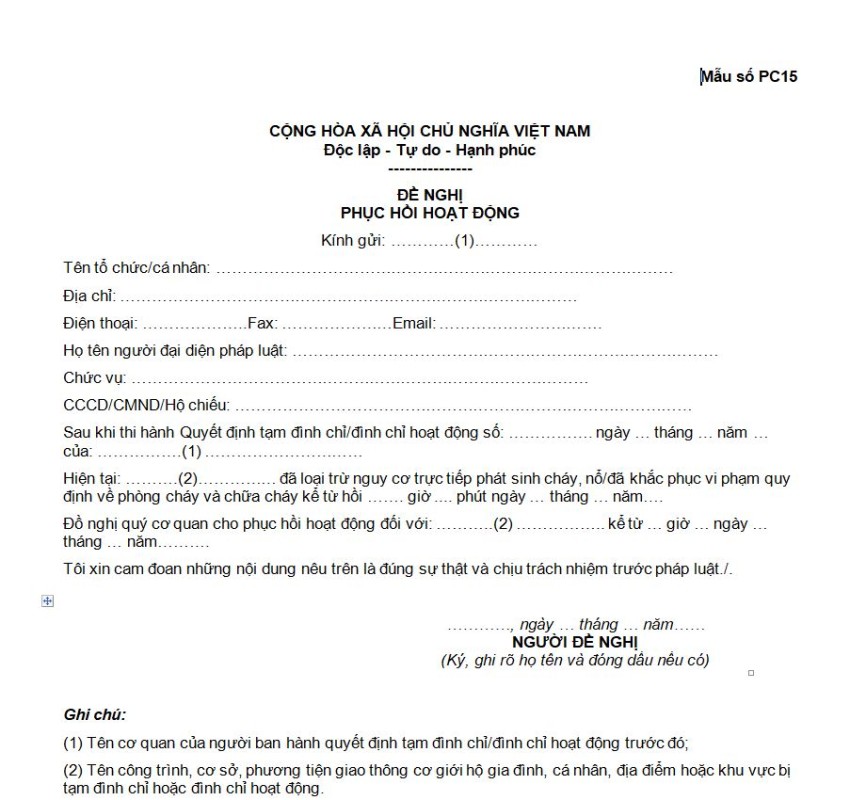 Mẫu số PC15: Văn bản đề nghị phục hồi hoạt động