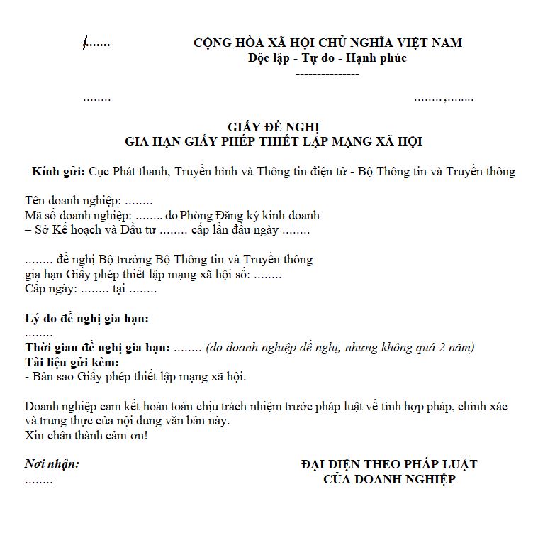 Mẫu giấy đề nghị gia hạn giấy phép thiết lập mạng xã hội
