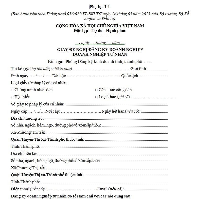 Giấy đề nghị đăng ký doanh nghiệp tư nhân