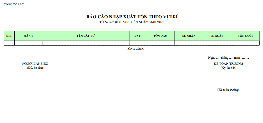 Mẫu báo cáo nhập xuất tồn theo vị trí