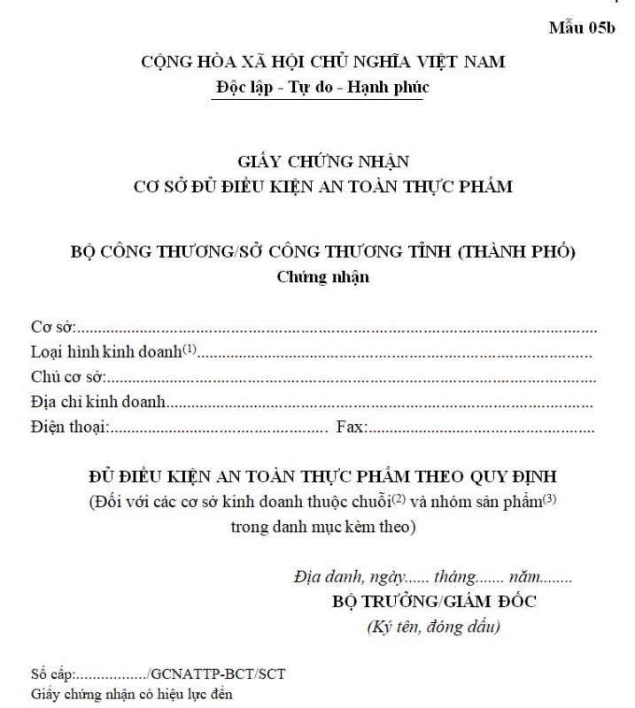 Mẫu số 05b: Giấy chứng nhận cơ sở đủ điều kiện an toàn thực phẩm (đối với cơ sở kinh doanh)
