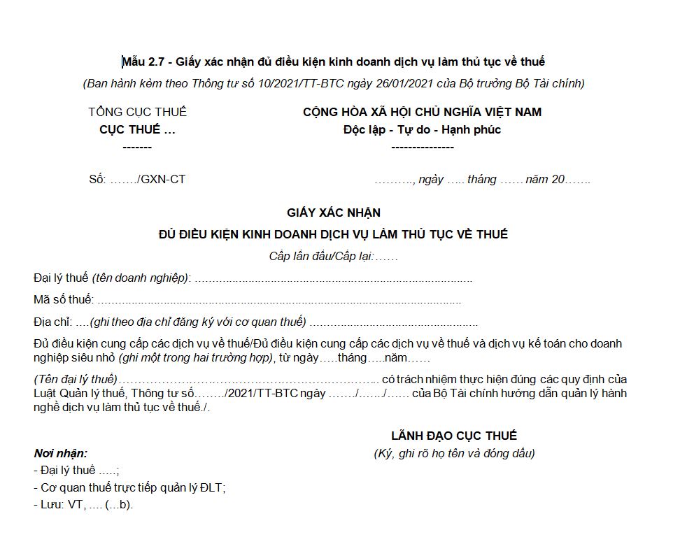 Mẫu 2.7: Giấy xác nhận đủ điều kiện kinh doanh dịch vụ làm thủ tục về thuế
