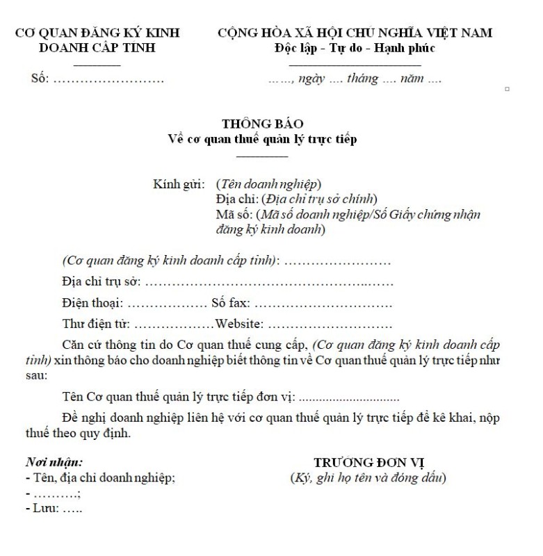 Mẫu thông báo về cơ quan thuế quản lý trực tiếp