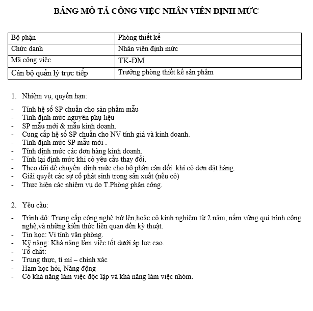 Bảng mô tả công việc của nhân viên định mức