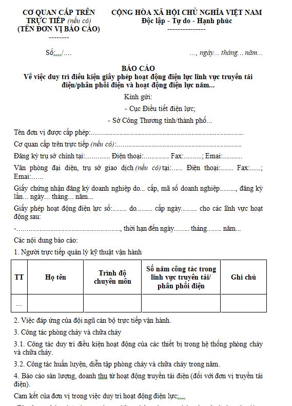 Mẫu báo cáo duy trì điều kiện giấy phép hoạt động điện lực lĩnh vực truyền tải điện