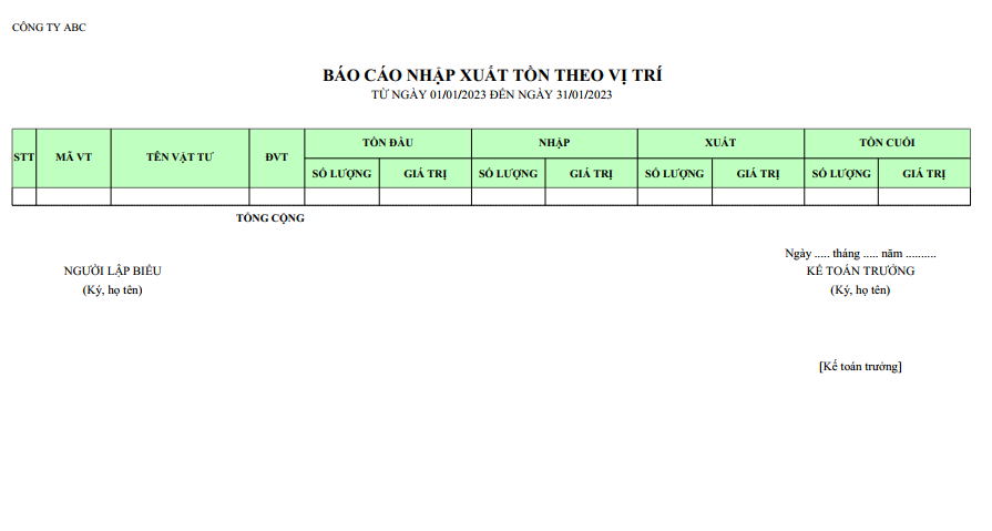 Mẫu báo cáo nhập xuất tồn theo vị trí ( Số lượng và giá trị )