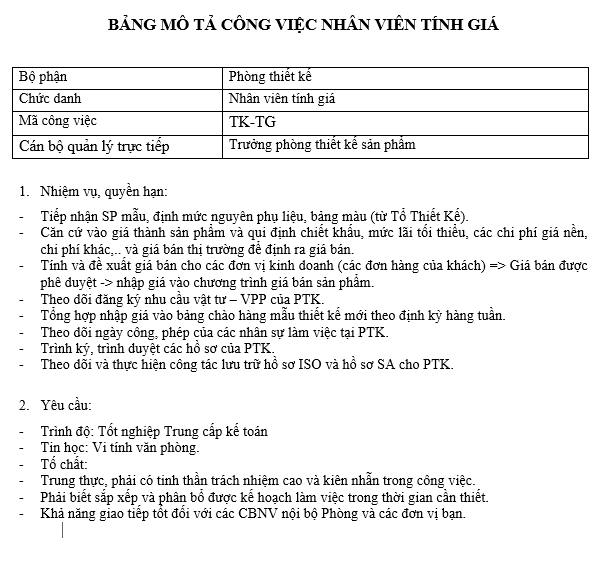 Bảng mô tả công việc của nhân viên tính giá