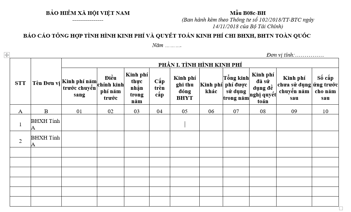 Mẫu B08c-BH: Báo cáo tổng hợp tình hình kinh phí và quyết toán kinh phí chi bảo hiểm