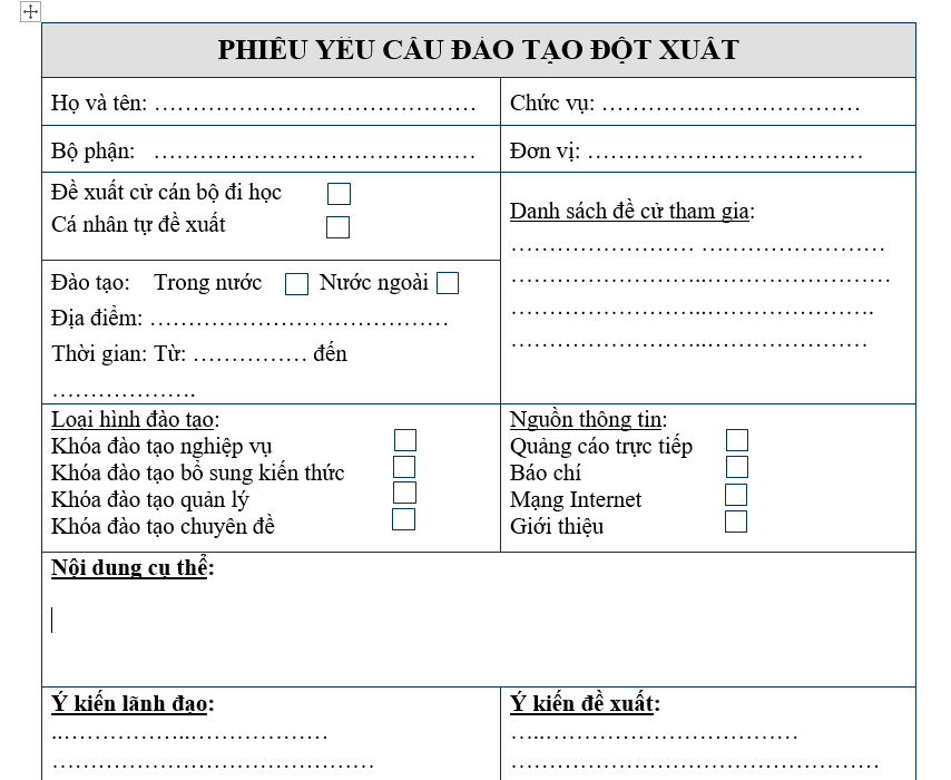 Hệ thống quản trị nhân sự - Phiếu yêu cầu đào tạo đợt xuất