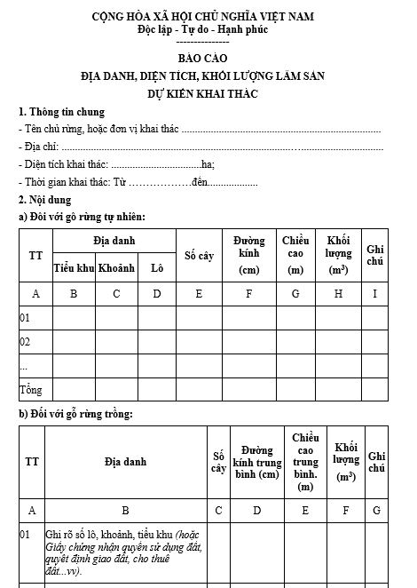 Mẫu báo cáo địa danh, diện tích, khối lượng lâm sản dự kiến khai thác