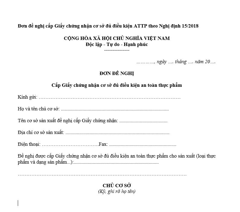 Đơn đề nghị cấp Giấy chứng nhận cơ sở đủ điều kiện ATTP
