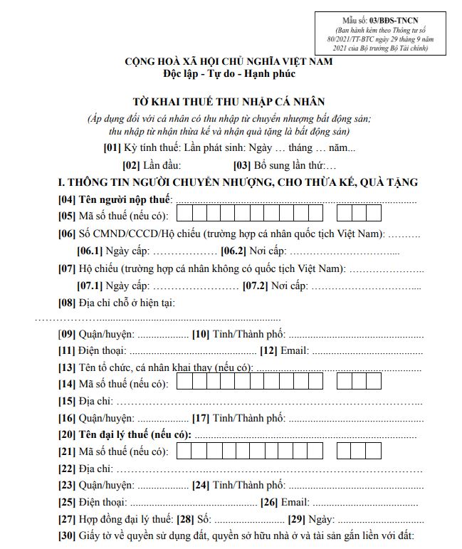 Mẫu 03/BĐS-TNCN: Tờ khai thuế TNCN khi có thu nhập từ chuyển nhượng bất động sản