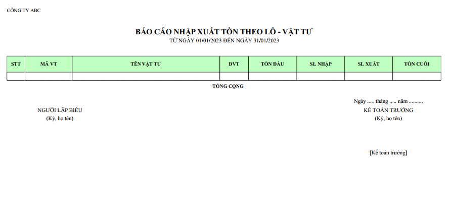 Mẫu báo cáo nhập xuất tồn theo lô