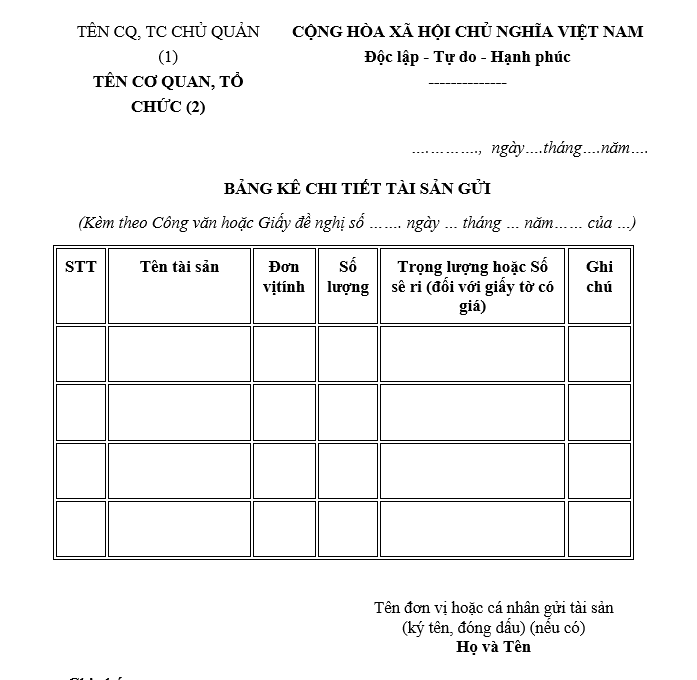 Mẫu bảng kê chi tiết tài sản quý hiếm gửi