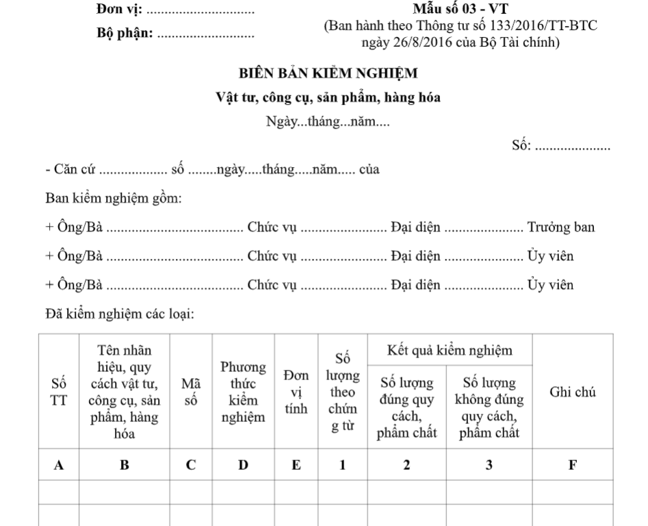 Mẫu biên bản kiểm nghiệm vật tư, công cụ, sản phẩm, hàng hóa