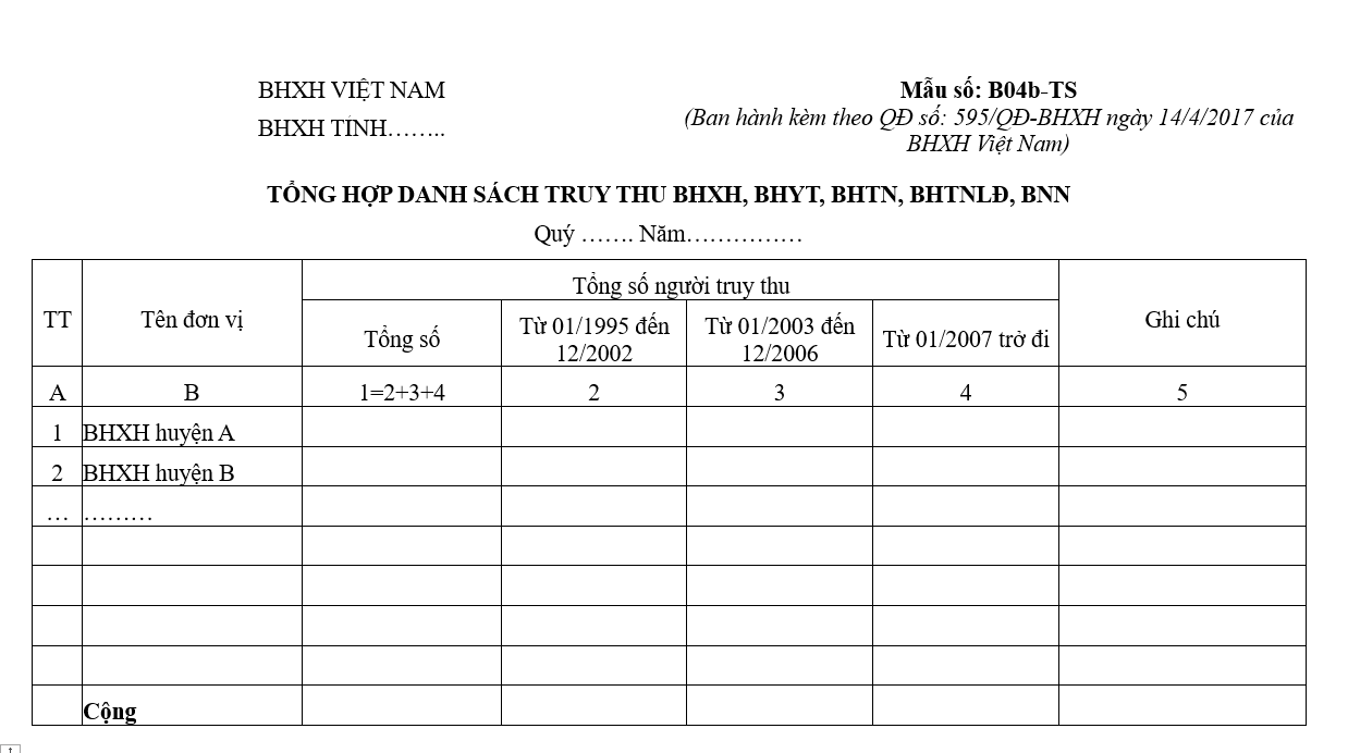 Mẫu số B04b-TS: Tổng hợp danh sách truy thu BHXH, BHYT, BHTN, BHTNLĐ, BNN