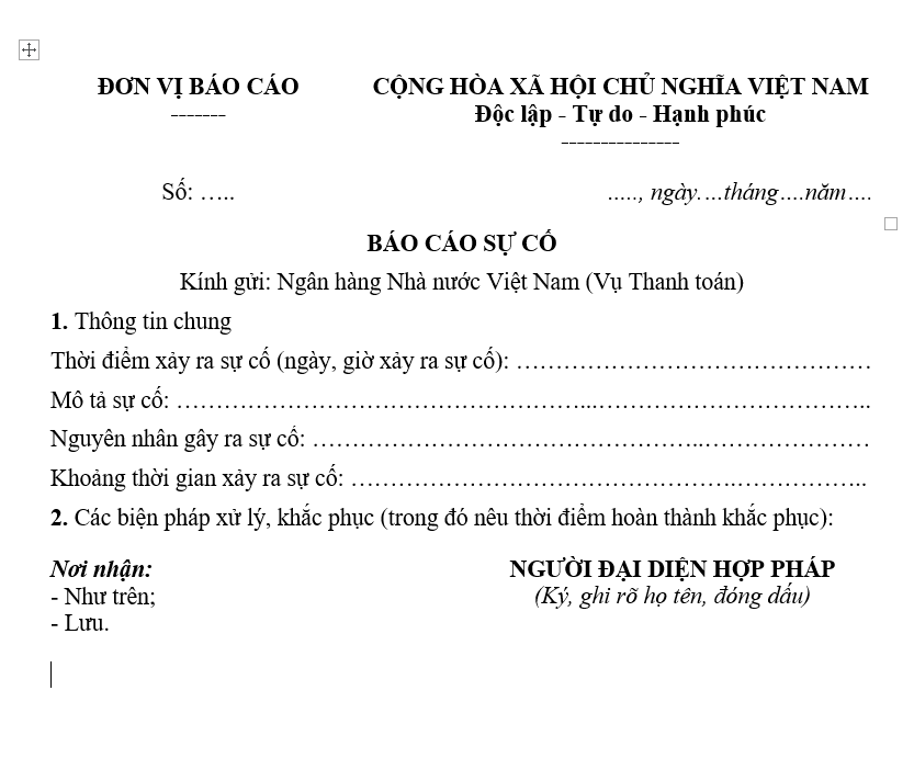 Mẫu báo cáo sự cố thanh toán