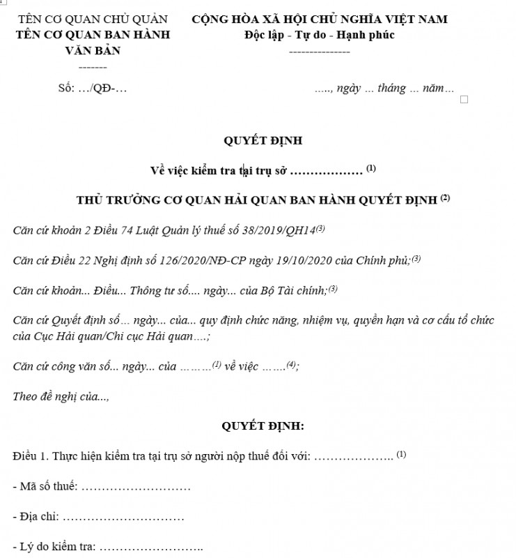 Quyết định kiểm tra tại trụ sở người nộp thuế