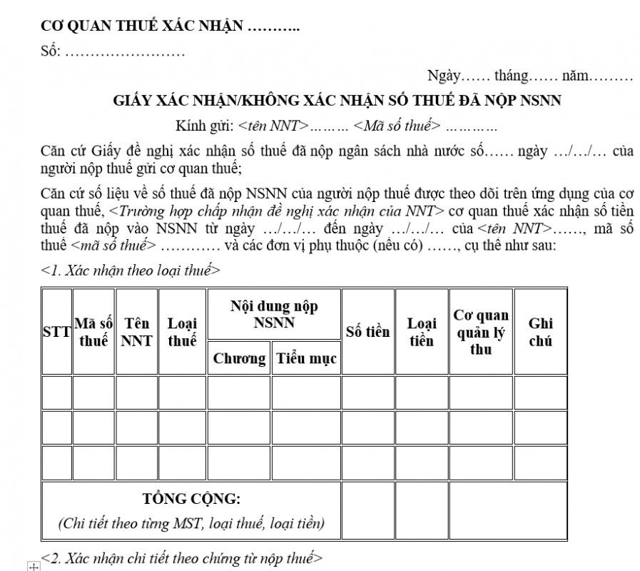 Mẫu giấy đề nghị xác nhận số thuế đã nộp NSNN