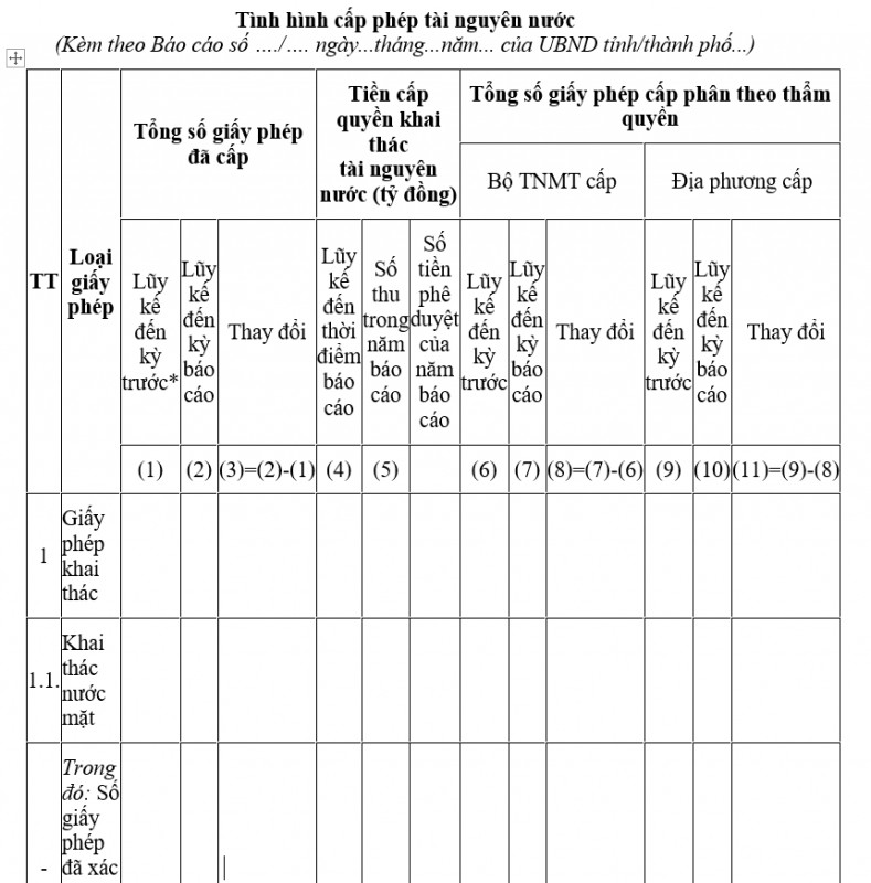 Mẫu tình hình cấp phép tài nguyên nước