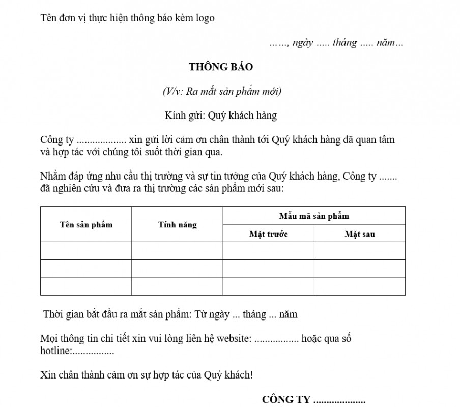 Mẫu thông báo ra mắt sản phẩm mới 2021