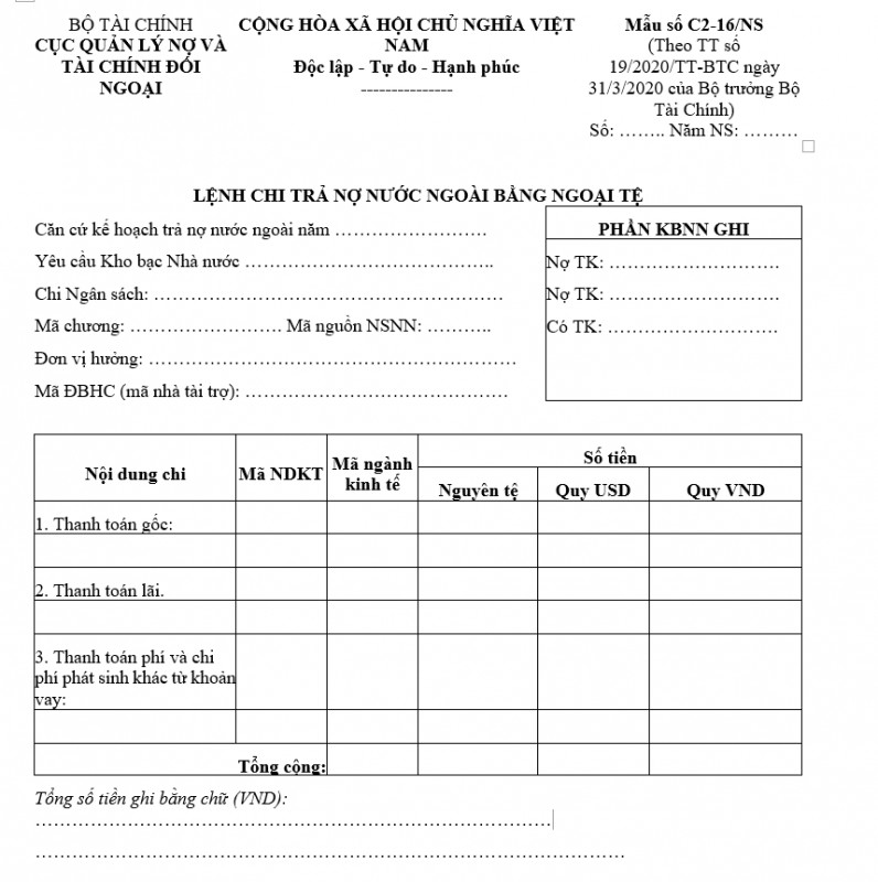 Mẫu C2-16/NS lệnh chi trả nợ nước ngoài bằng ngoại tệ