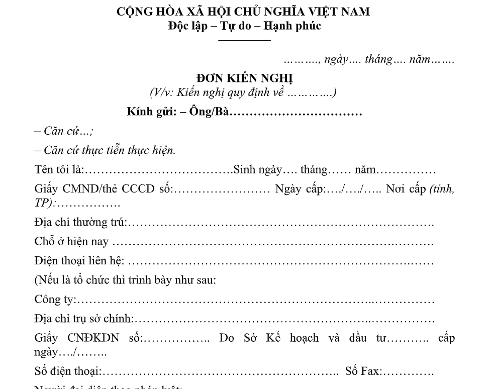 Mẫu đơn kiến nghị cá nhân