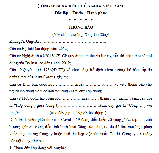 Mẫu thông báo chấm dứt hợp đồng lao động do Covid-19