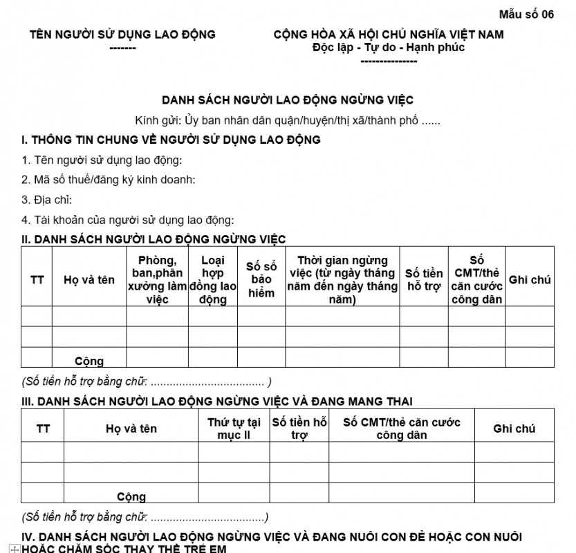 Danh sách người lao động ngừng việc