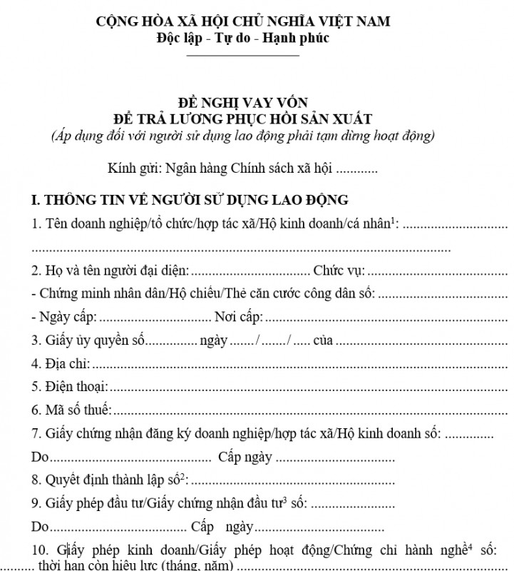 Mẫu đề nghị vay vốn trả lương phục hồi sản xuất
