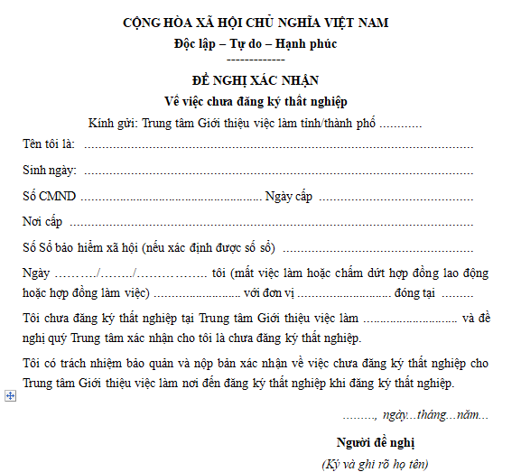 Mẫu đơn đề nghị xác nhận về việc chưa đăng ký thất nghiệp