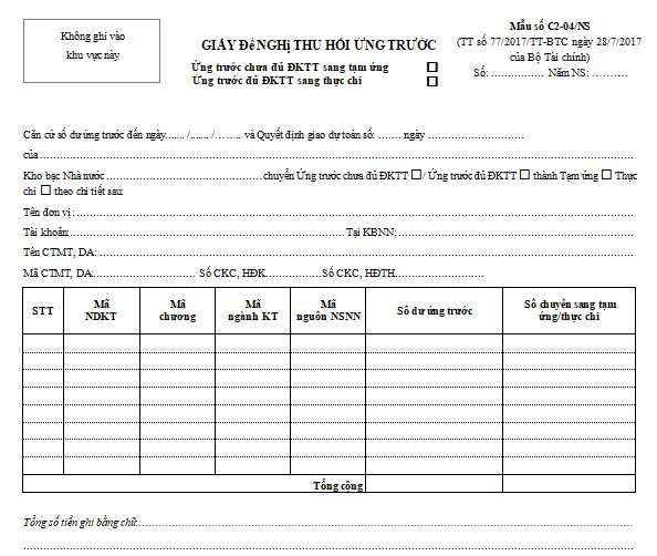 Mẫu C2-04/NS - Giấy đề nghị thu hồi ứng trước