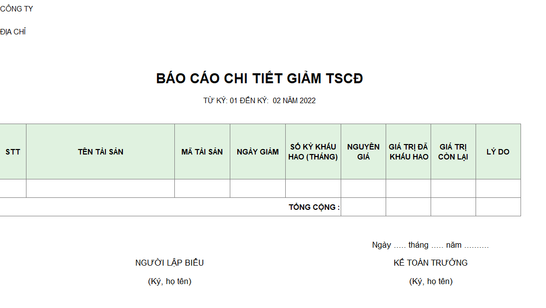 Mẫu báo cáo chi tiết giảm TSCĐ