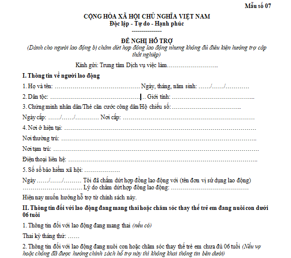 Đề nghị hỗ trợ của người lao động chất dứt HDLD, không đủ điều kiện hưởng trợ cấp thất nghiệp