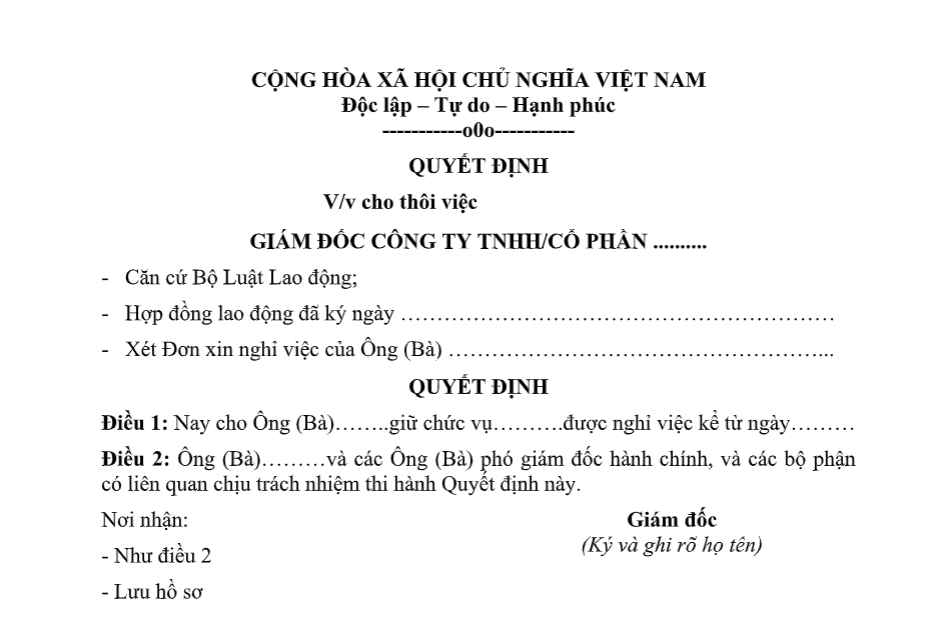 Mẫu quyết định thôi việc và những thông tin quan trọng