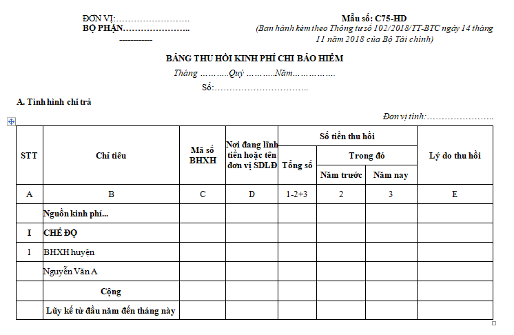 Mẫu số C75-HD: Bảng thu hồi kinh phí chi bảo hiểm