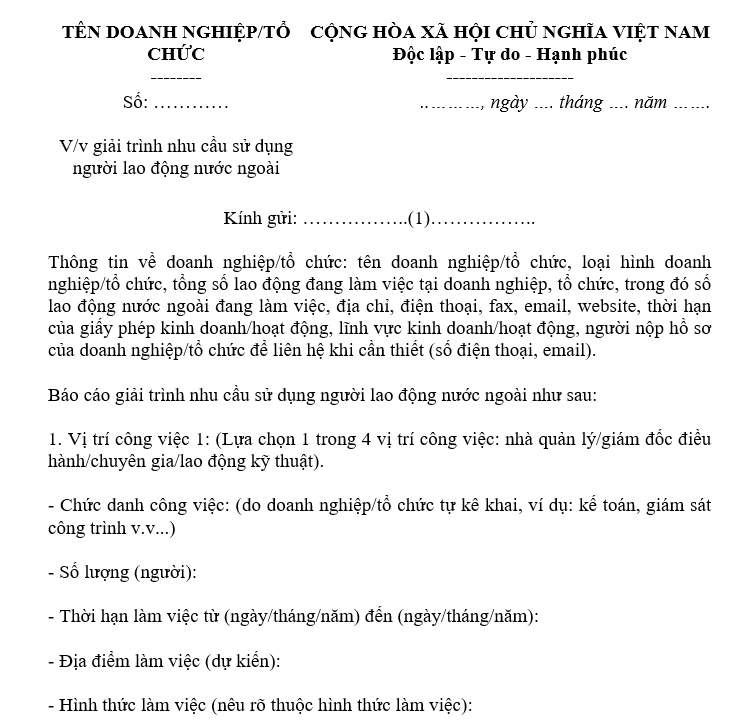 Mẫu số 01/PLI: Về việc giải trình nhu cầu sử dụng người lao động nước ngoài